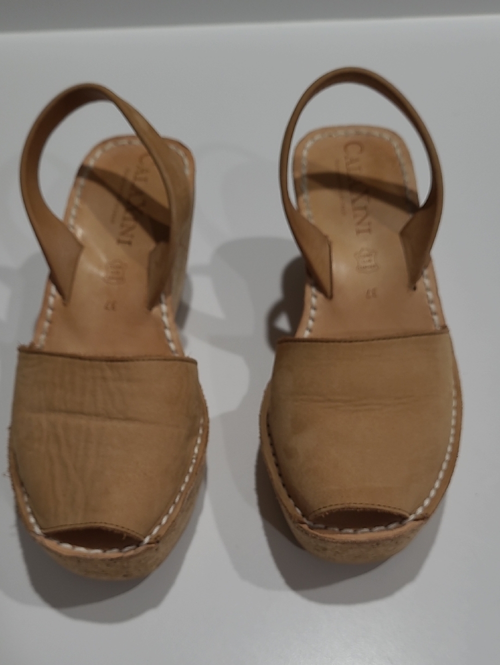 Calaxini Handcrafted Leather Avarca Tan  Espadrille Slingback Wedges - Size 7